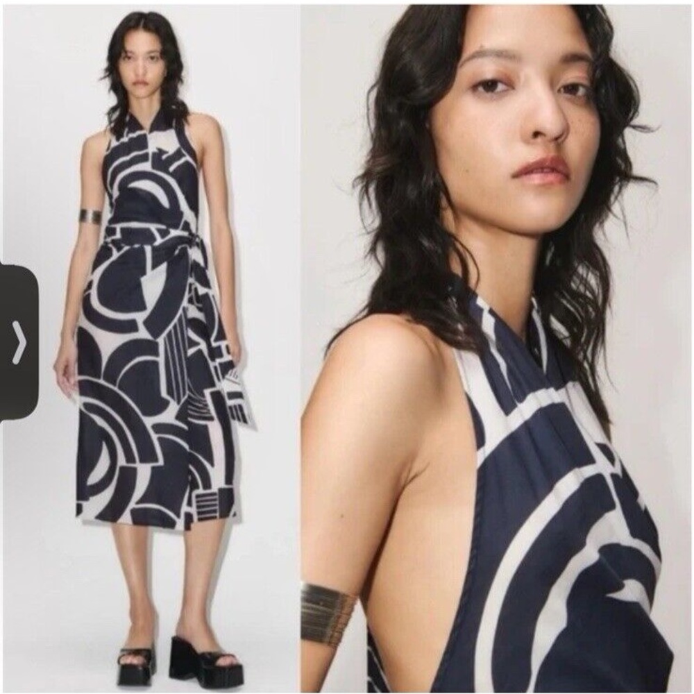 ZARA Abstract Print Cotton Halter Wrap Dress Size M Navy Blue & Cream